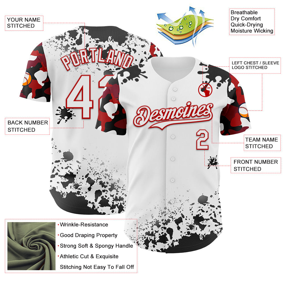 Custom White Red-Black Splatter Camo Two Tone Authentic Baseball Jersey view 3