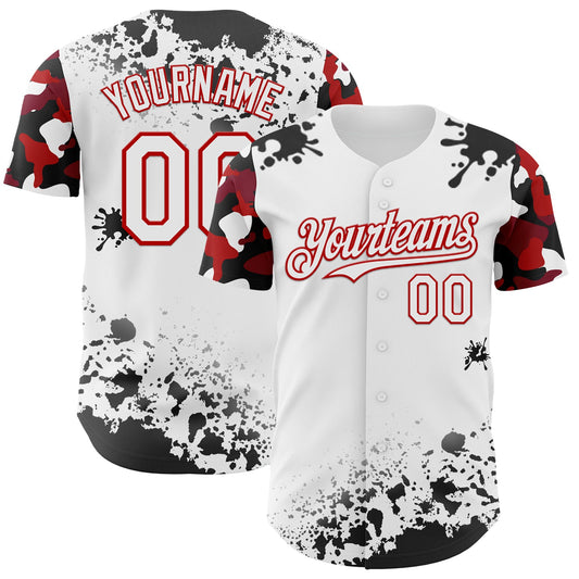 Custom White Red-Black Splatter Camo Two Tone Authentic Baseball Jersey - Main View