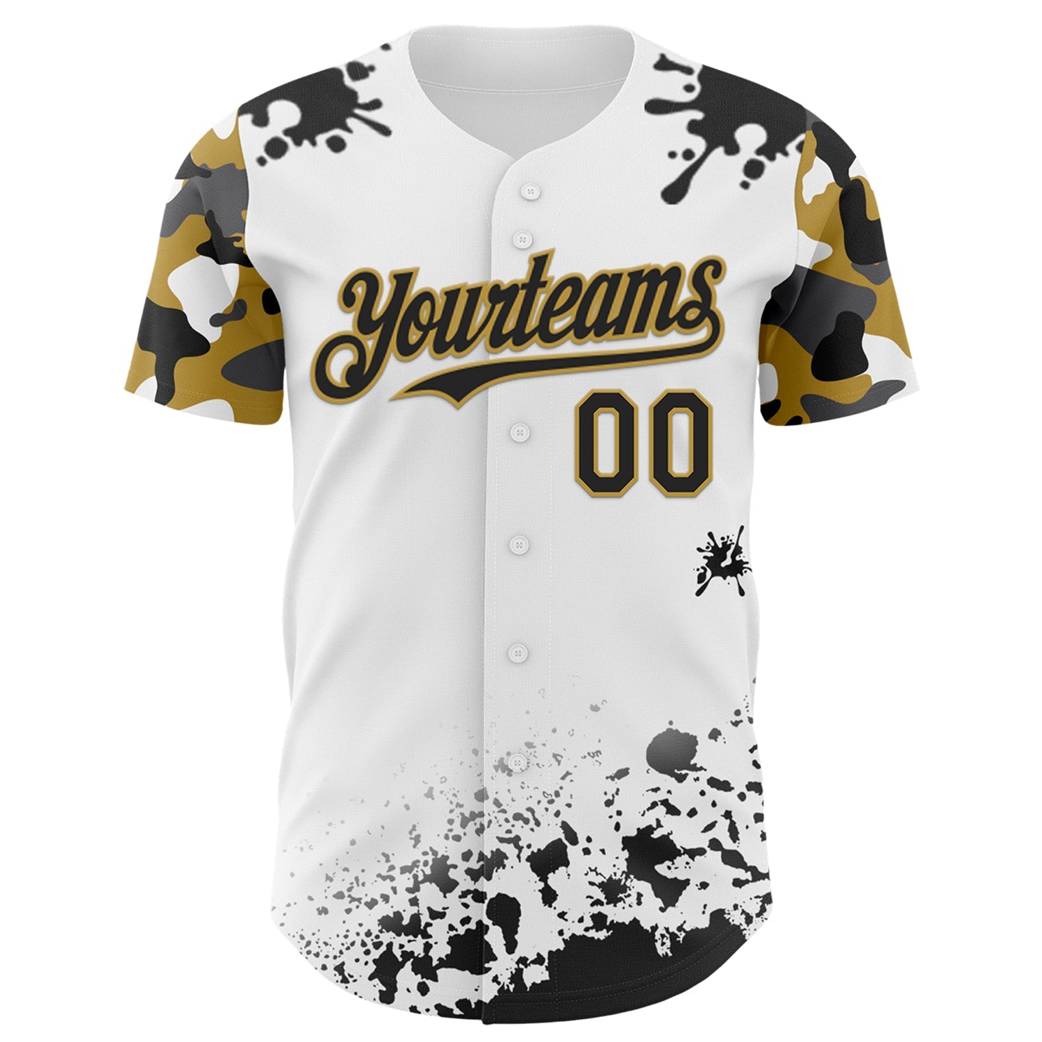 Custom White Black-Old Gold Splatter Camo Two Tone Authentic Baseball Jersey view 2