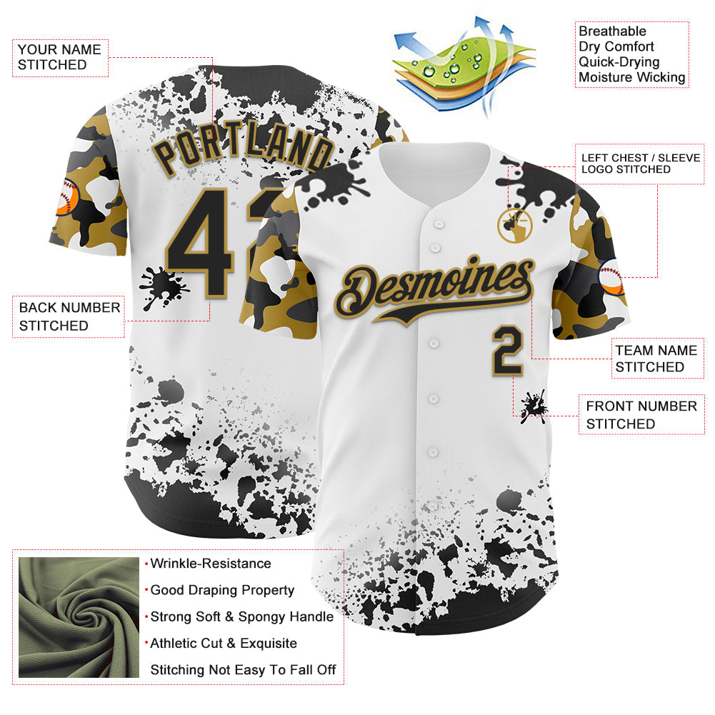 Custom White Black-Old Gold Splatter Camo Two Tone Authentic Baseball Jersey view 3