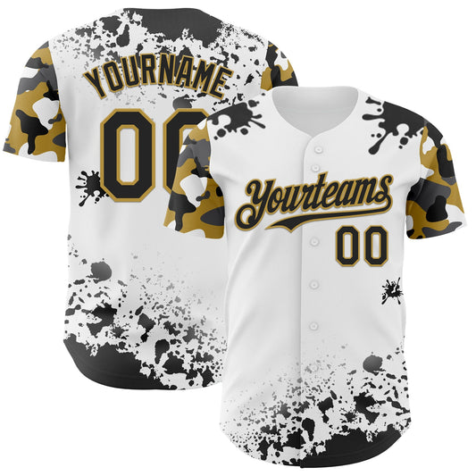 Custom White Black-Old Gold Splatter Camo Two Tone Authentic Baseball Jersey - Main View