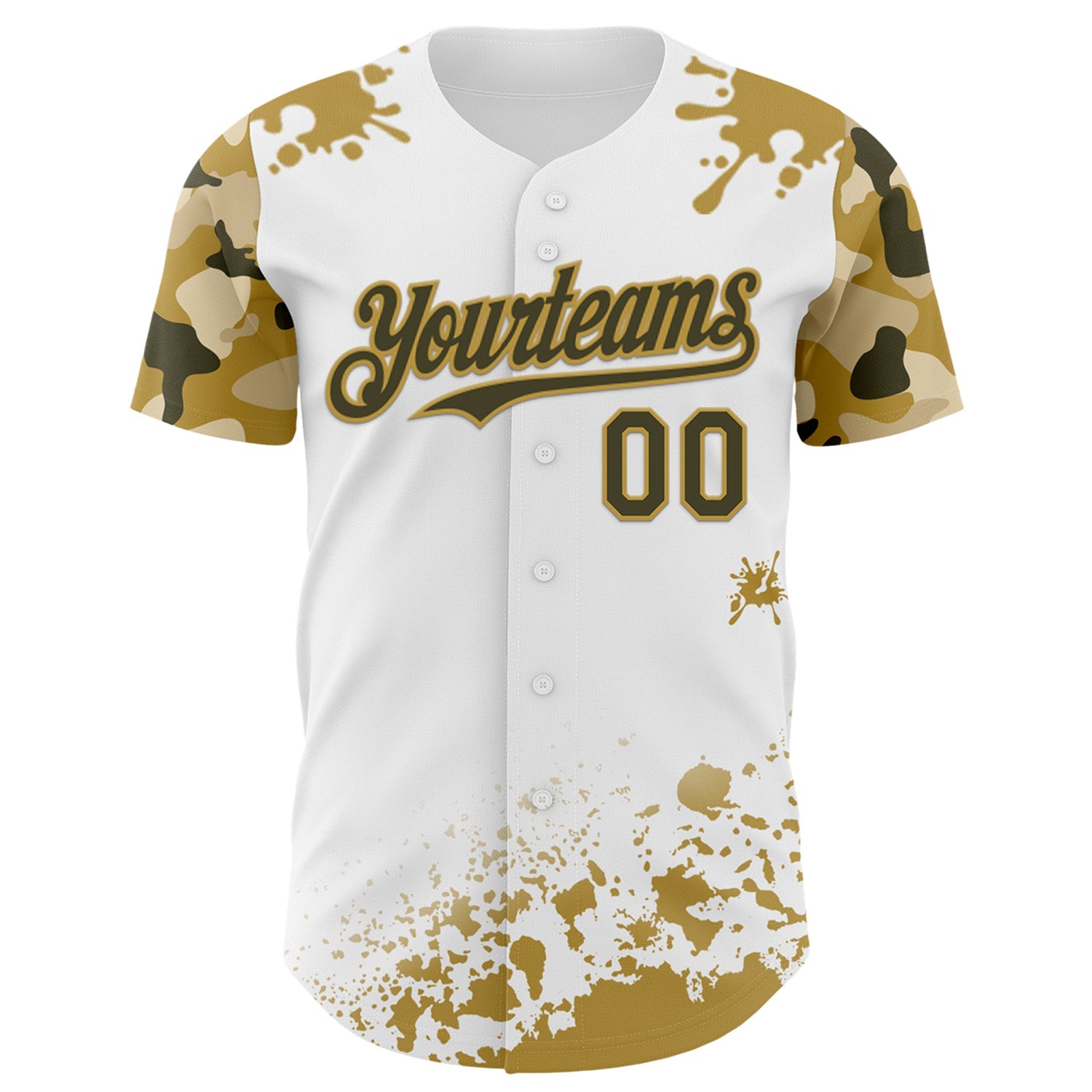 Custom White Olive-Old Gold Splatter Camo Two Tone Authentic Baseball Jersey view 2