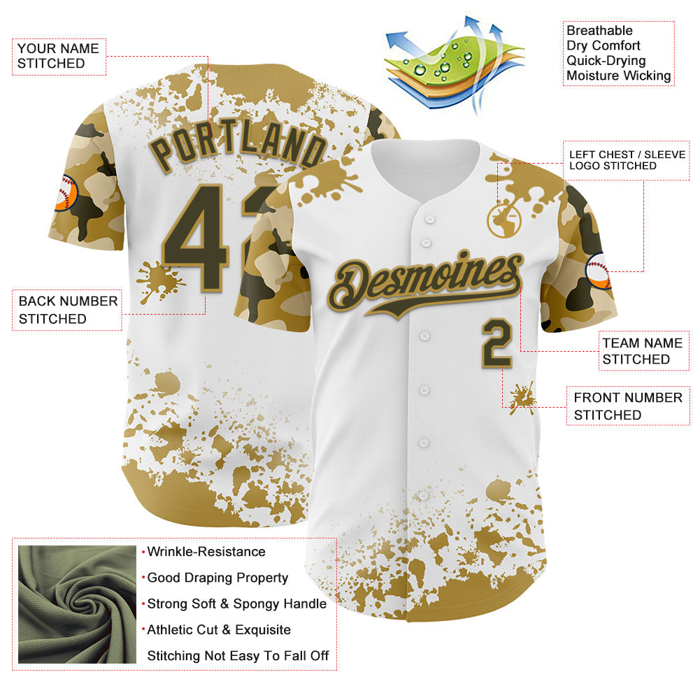Custom White Olive-Old Gold Splatter Camo Two Tone Authentic Baseball Jersey view 3