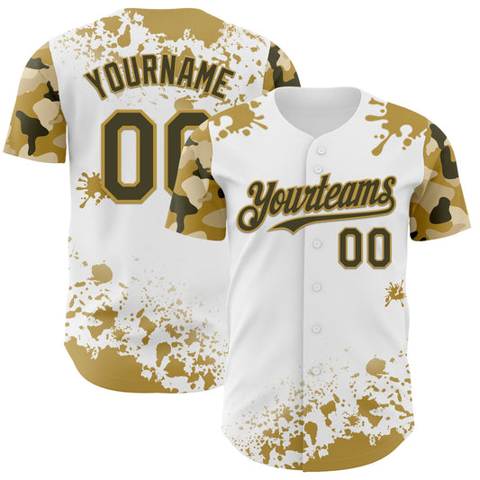 Custom White Olive-Old Gold Splatter Camo Two Tone Authentic Baseball Jersey - Main View