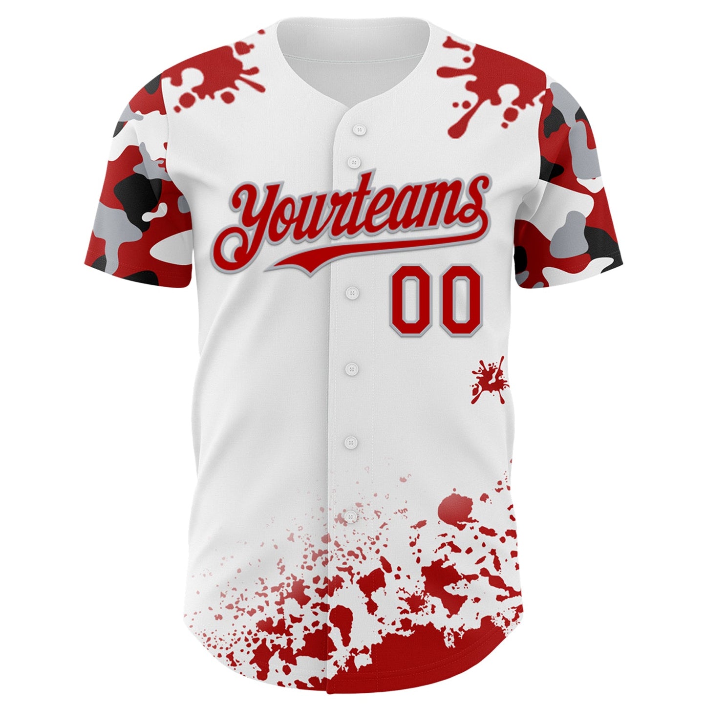 Custom White Red Gray-Black Splatter Camo Two Tone Authentic Baseball Jersey view 2
