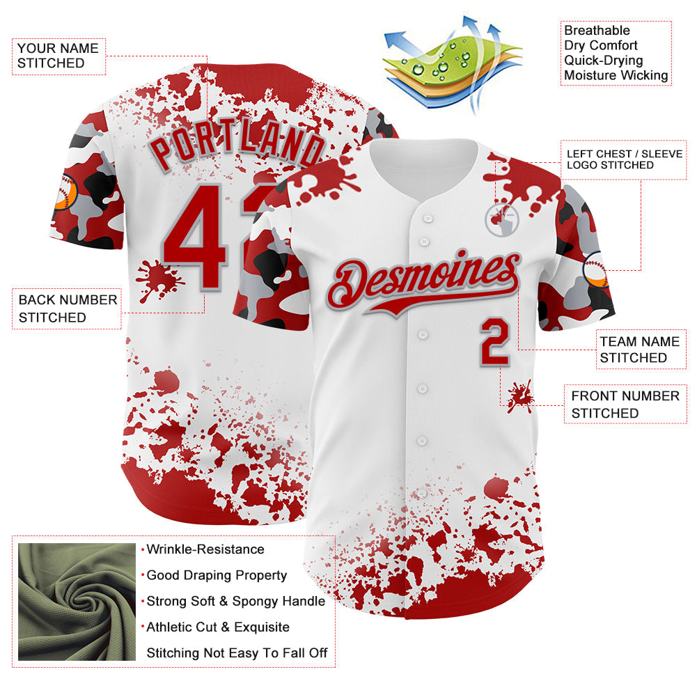 Custom White Red Gray-Black Splatter Camo Two Tone Authentic Baseball Jersey view 3