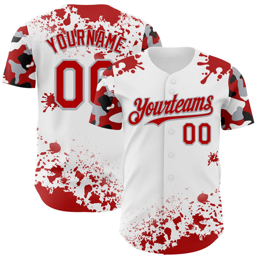 Custom White Red Gray-Black Splatter Camo Two Tone Authentic Baseball Jersey - Main View