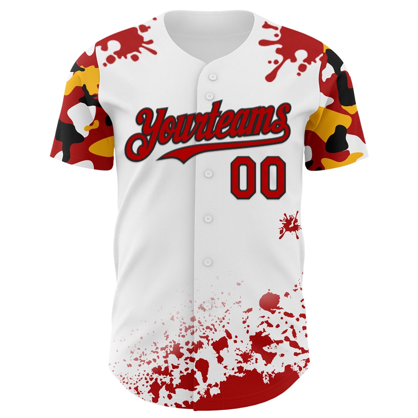 Custom White Red Black-Yellow Splatter Camo Two Tone Authentic Baseball Jersey view 2