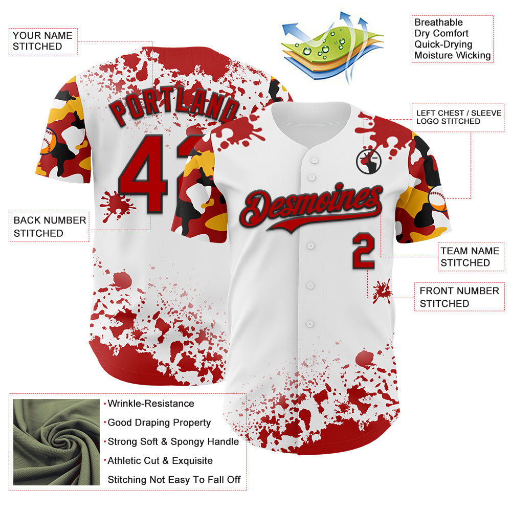 Custom White Red Black-Yellow Splatter Camo Two Tone Authentic Baseball Jersey view 3