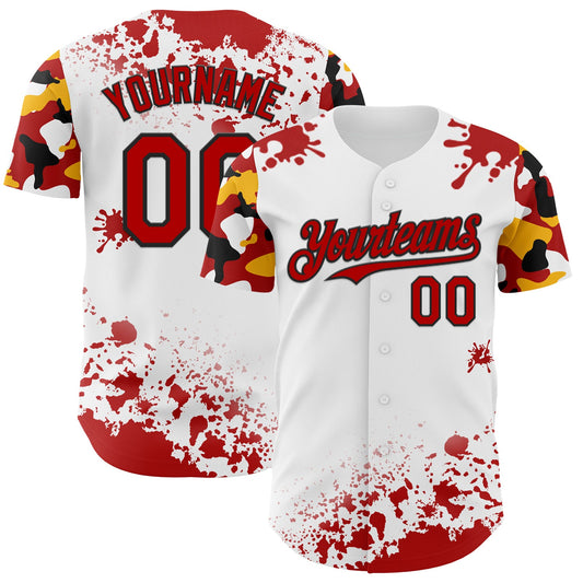 Custom White Red Black-Yellow Splatter Camo Two Tone Authentic Baseball Jersey - Main View