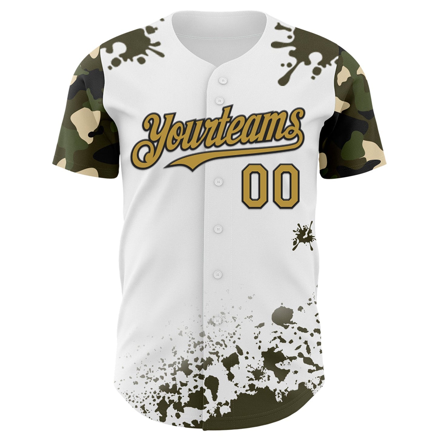 Custom White Old Gold Black-Olive Splatter Camo Two Tone Authentic Baseball Jersey view 2