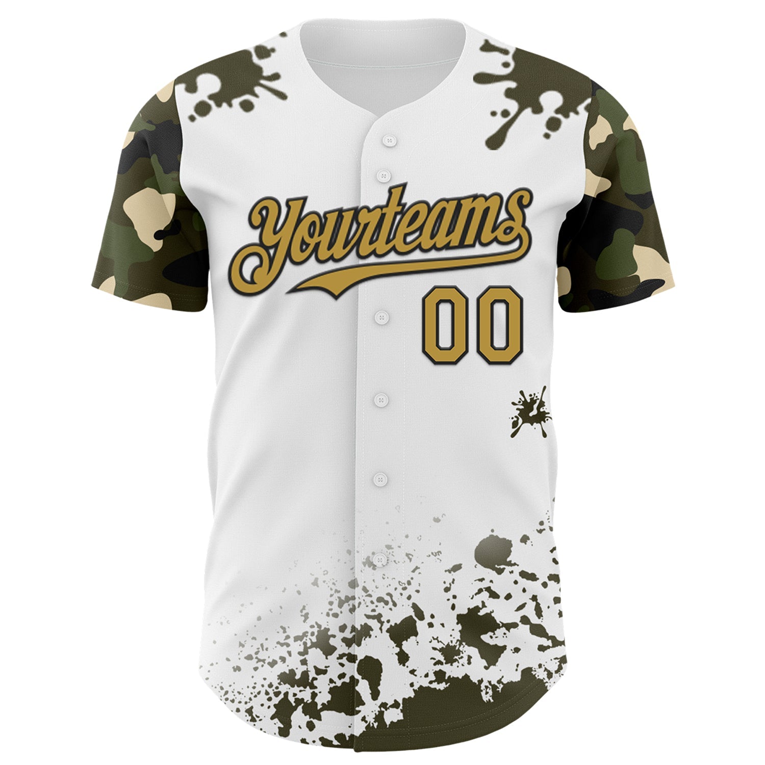 Custom White Old Gold Black-Olive Splatter Camo Two Tone Authentic Baseball Jersey view 2