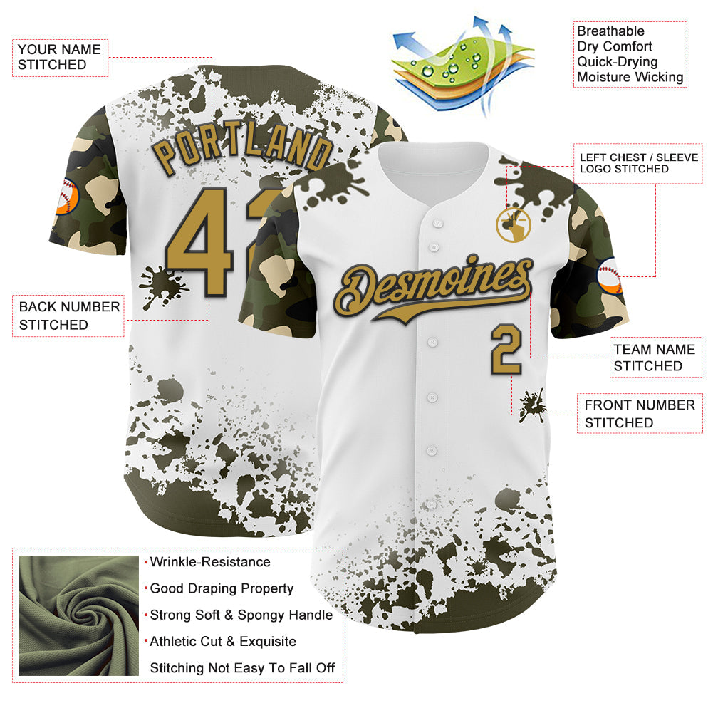 Custom White Old Gold Black-Olive Splatter Camo Two Tone Authentic Baseball Jersey view 3