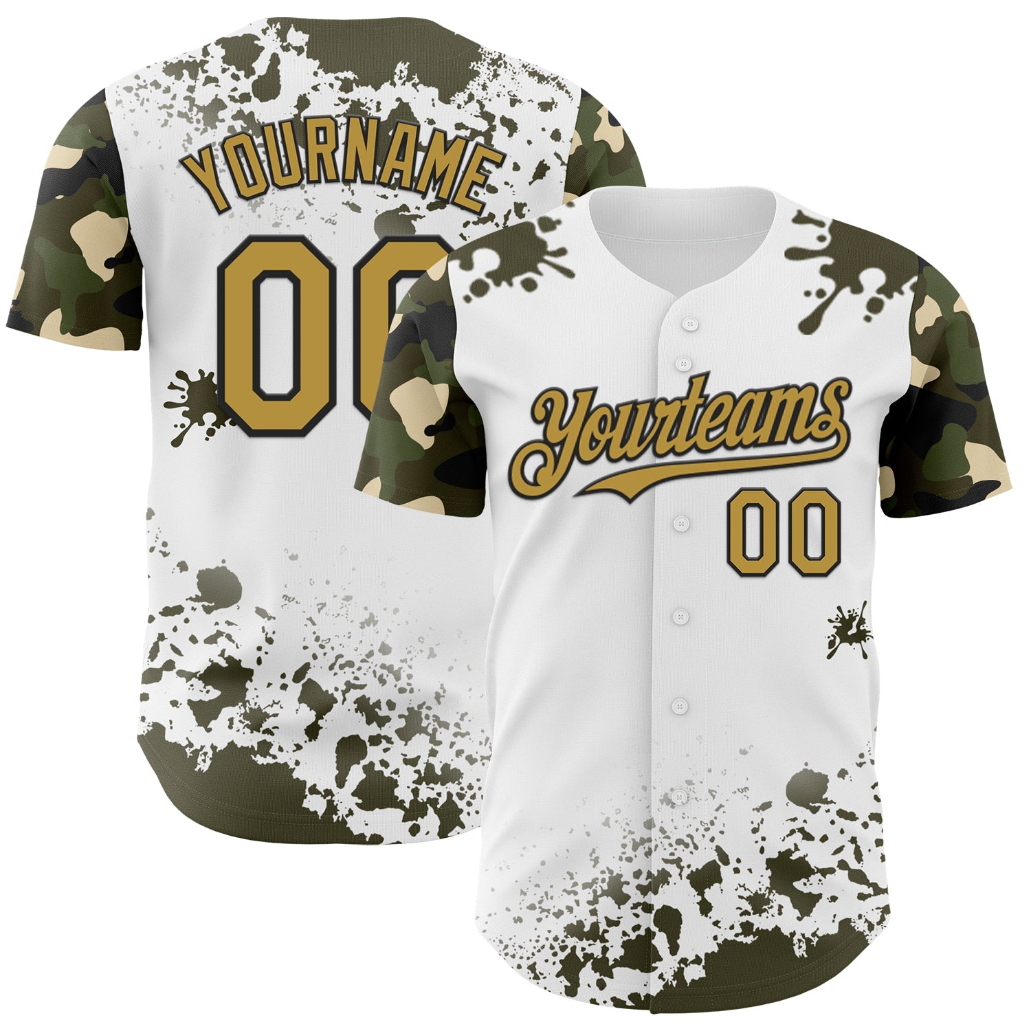 Custom White Old Gold Black-Olive Splatter Camo Two Tone Authentic Baseball Jersey - Main View