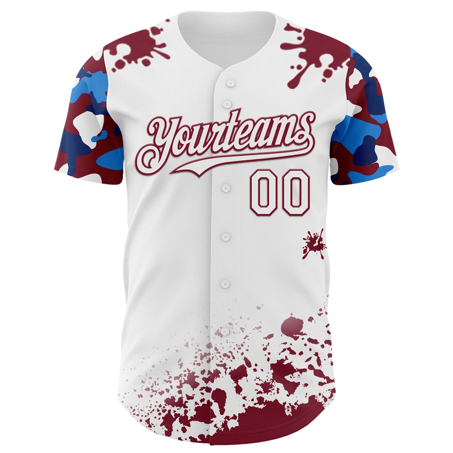 Custom White Crimson-Blue Splatter Camo Two Tone Authentic Baseball Jersey view 2