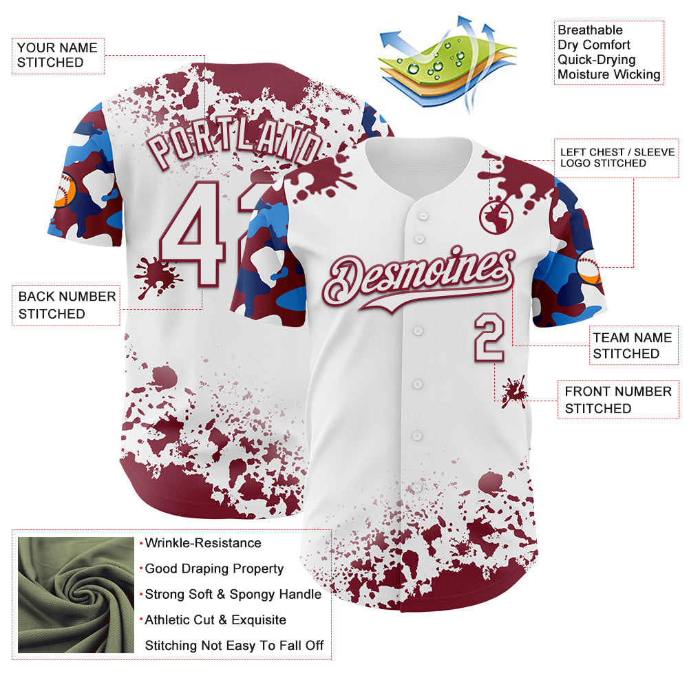 Custom White Crimson-Blue Splatter Camo Two Tone Authentic Baseball Jersey view 3
