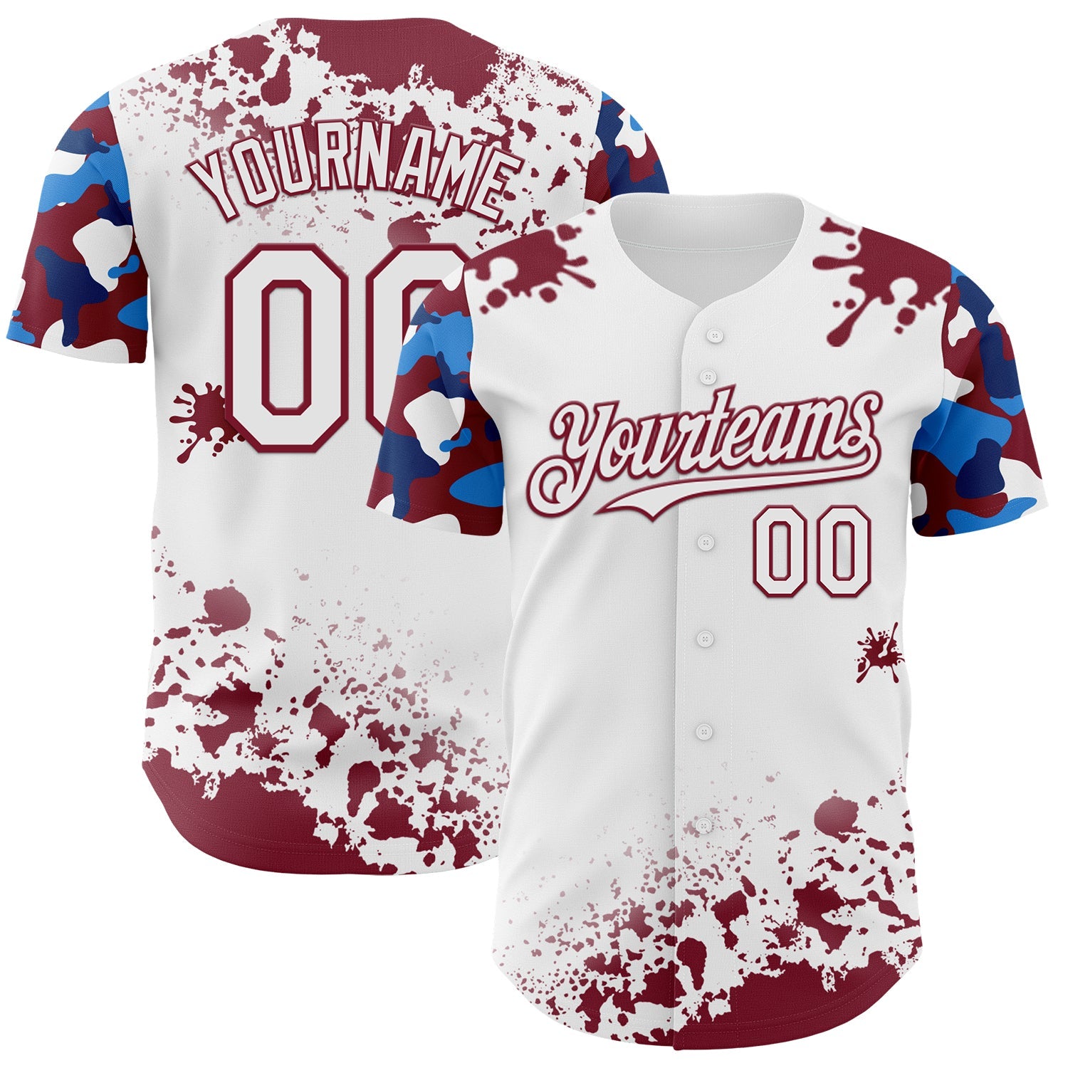 Custom White Crimson-Blue Splatter Camo Two Tone Authentic Baseball Jersey - Main View