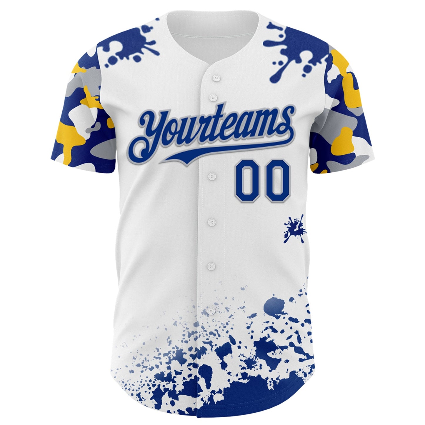 Custom White Royal Gray-Yellow Splatter Camo Two Tone Authentic Baseball Jersey view 2