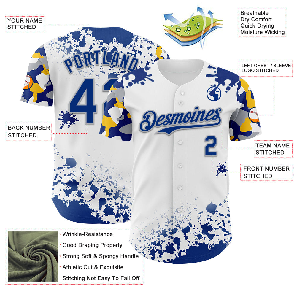 Custom White Royal Gray-Yellow Splatter Camo Two Tone Authentic Baseball Jersey view 3