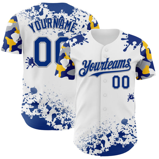 Custom White Royal Gray-Yellow Splatter Camo Two Tone Authentic Baseball Jersey - Main View