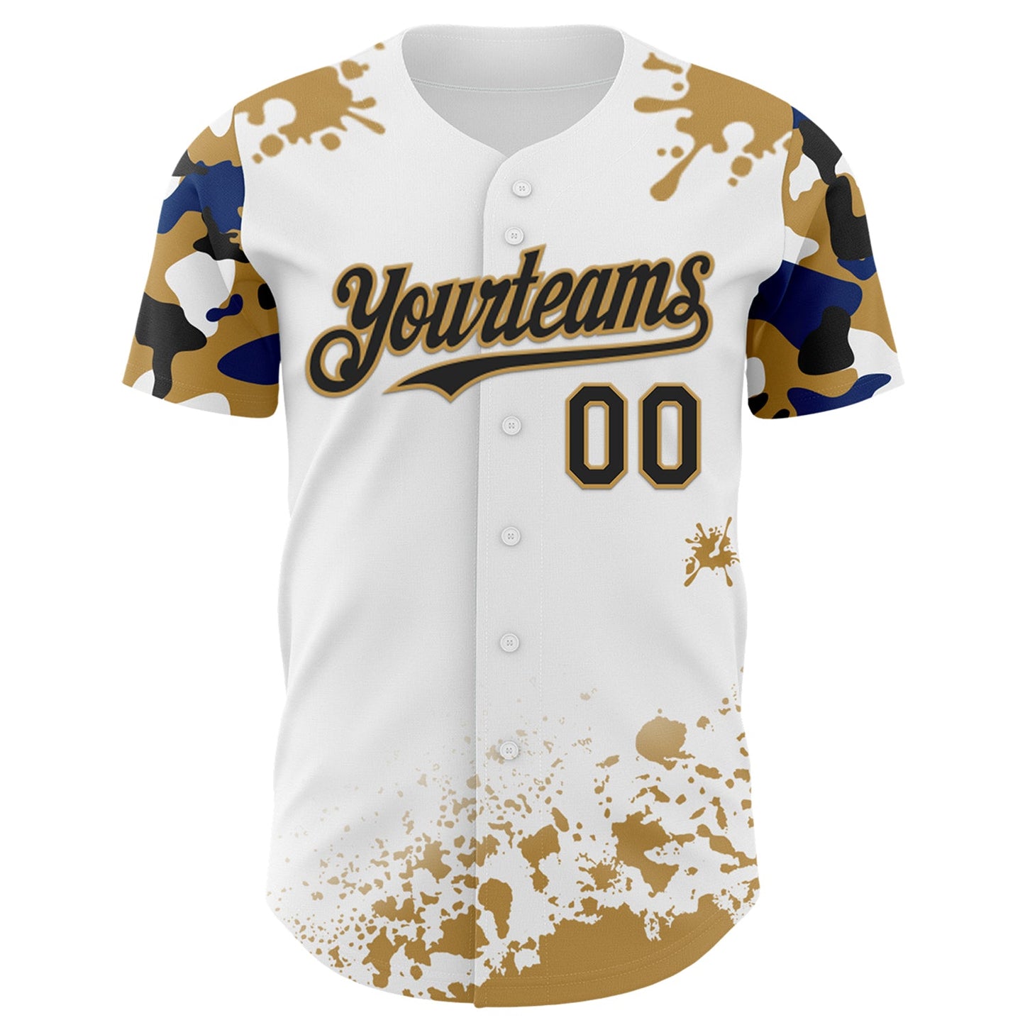 Custom White Black Old Gold-Blue Splatter Camo Two Tone Authentic Baseball Jersey view 2