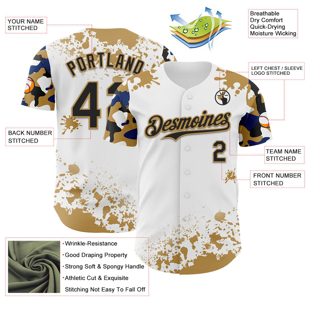 Custom White Black Old Gold-Blue Splatter Camo Two Tone Authentic Baseball Jersey view 3