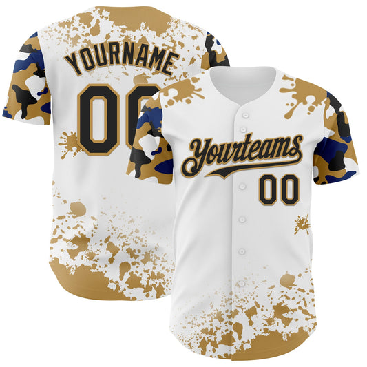 Custom White Black Old Gold-Blue Splatter Camo Two Tone Authentic Baseball Jersey - Main View