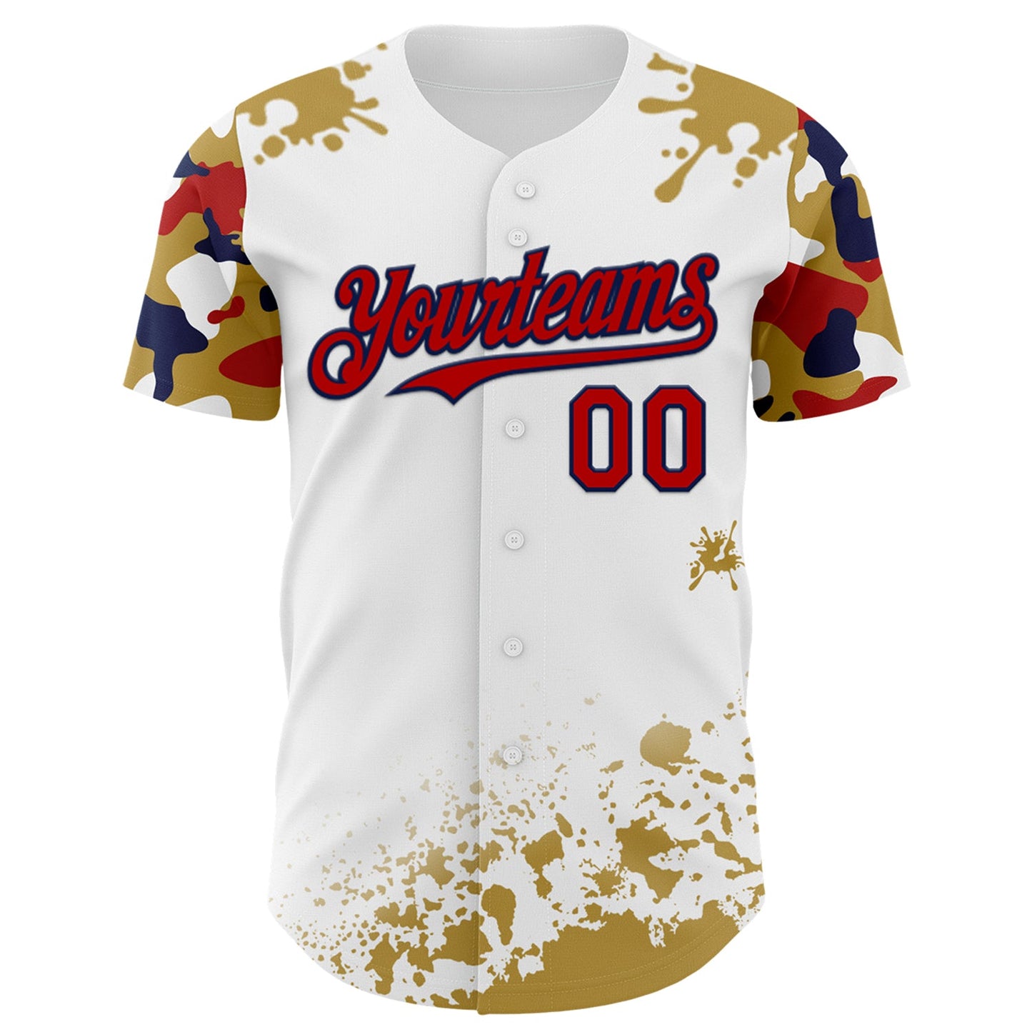 Custom White Red Navy-Old Gold Splatter Camo Two Tone Authentic Baseball Jersey view 2