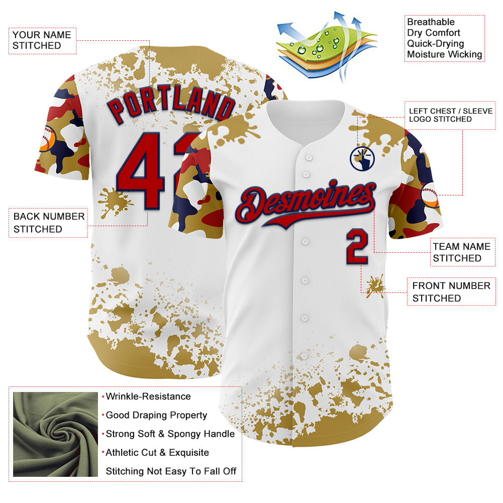 Custom White Red Navy-Old Gold Splatter Camo Two Tone Authentic Baseball Jersey view 3