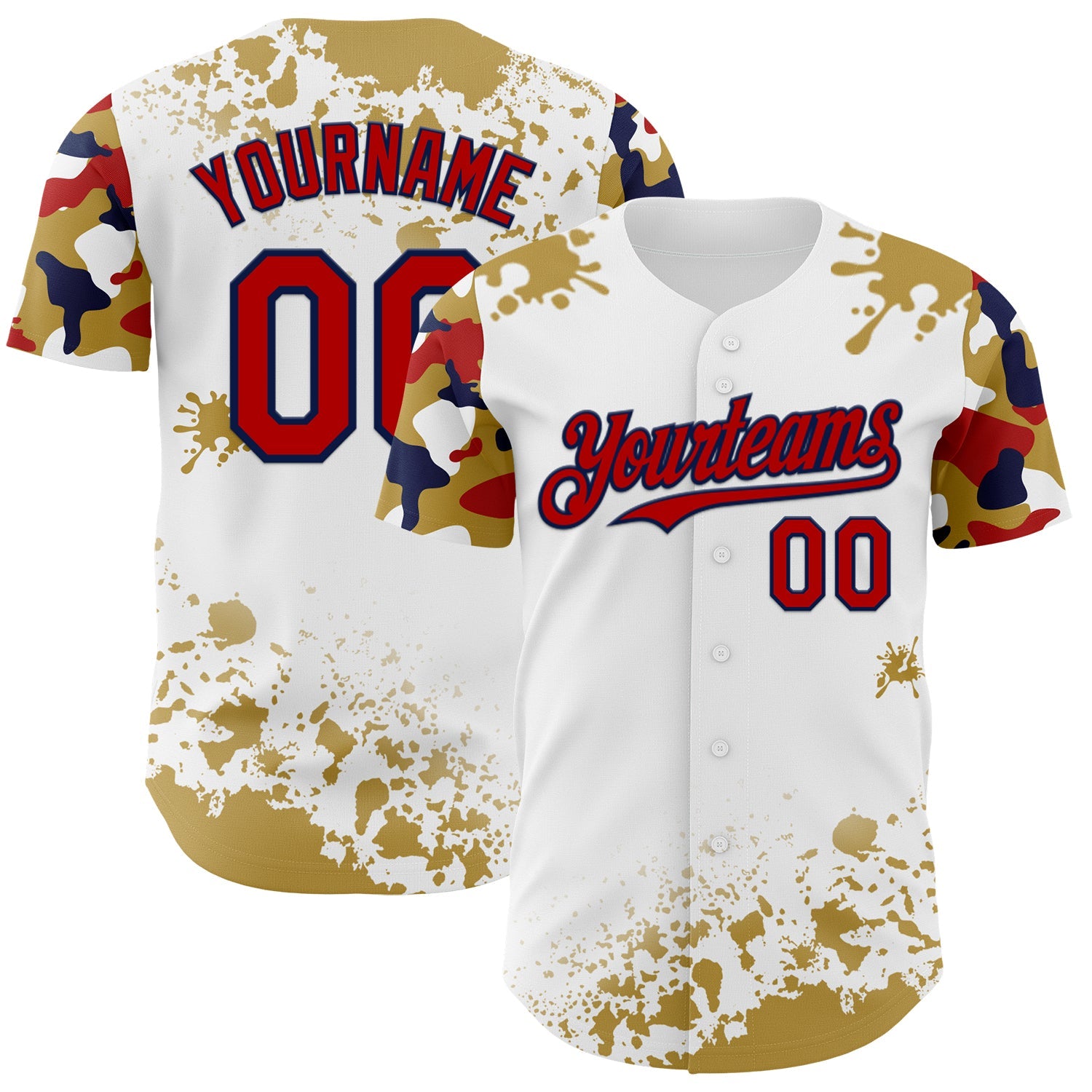 Custom White Red Navy-Old Gold Splatter Camo Two Tone Authentic Baseball Jersey - Main View