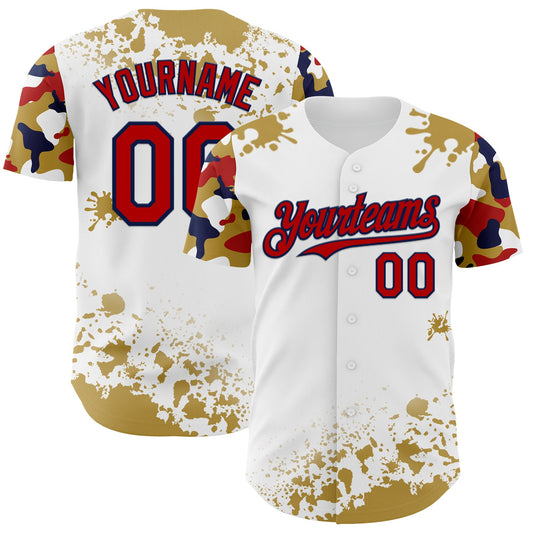 Custom White Red Navy-Old Gold Splatter Camo Two Tone Authentic Baseball Jersey - Main View