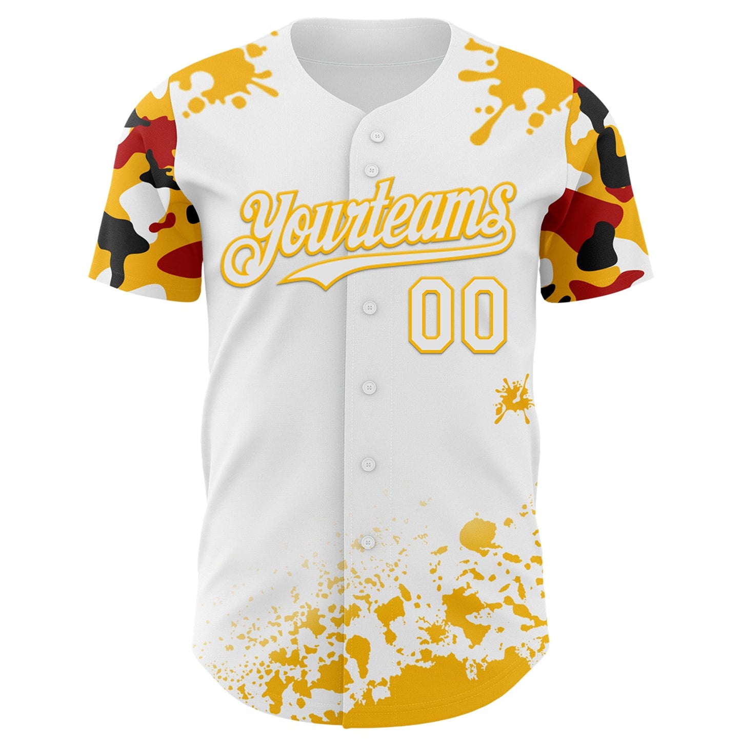 Custom White Gold Red-Black Splatter Camo Two Tone Authentic Baseball Jersey view 2