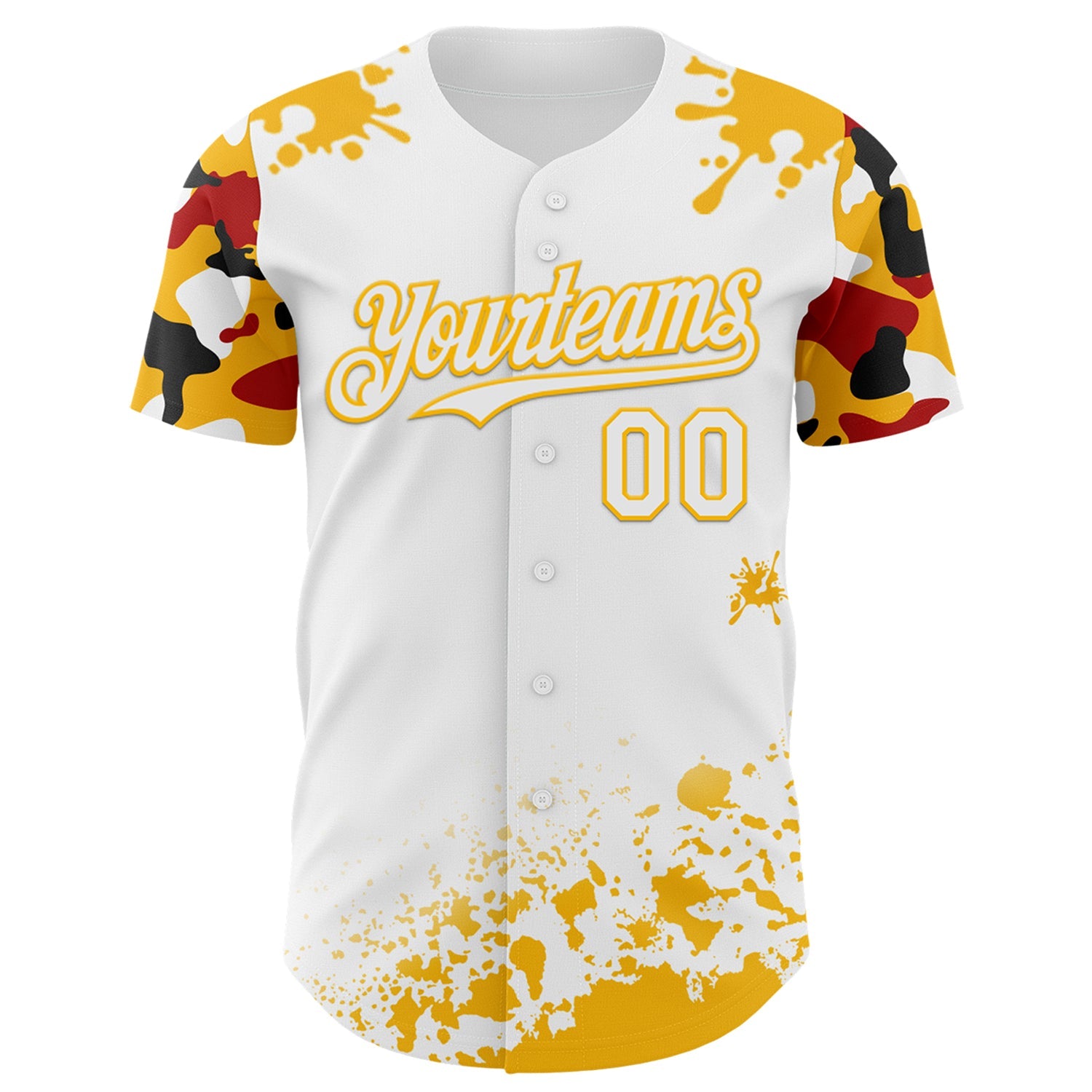 Custom White Gold Red-Black Splatter Camo Two Tone Authentic Baseball Jersey view 2