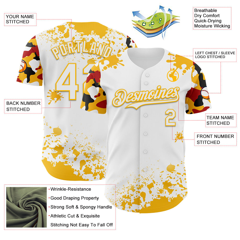 Custom White Gold Red-Black Splatter Camo Two Tone Authentic Baseball Jersey view 3