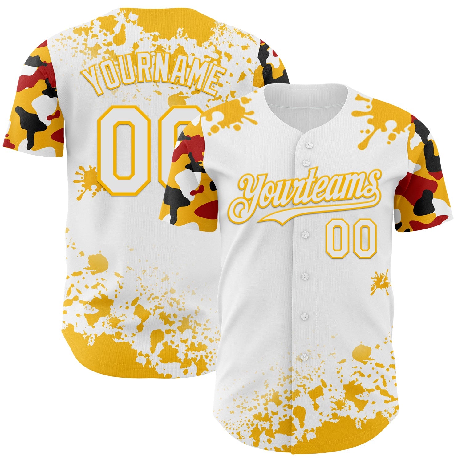 Custom White Gold Red-Black Splatter Camo Two Tone Authentic Baseball Jersey - Main View