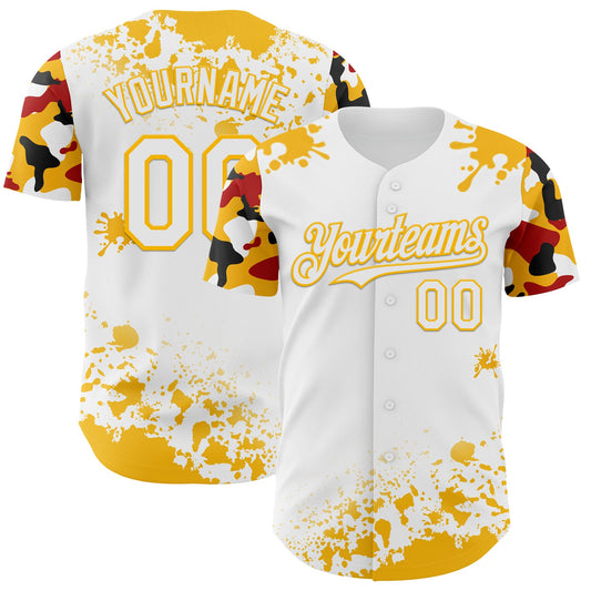 Custom White Gold Red-Black Splatter Camo Two Tone Authentic Baseball Jersey - Main View