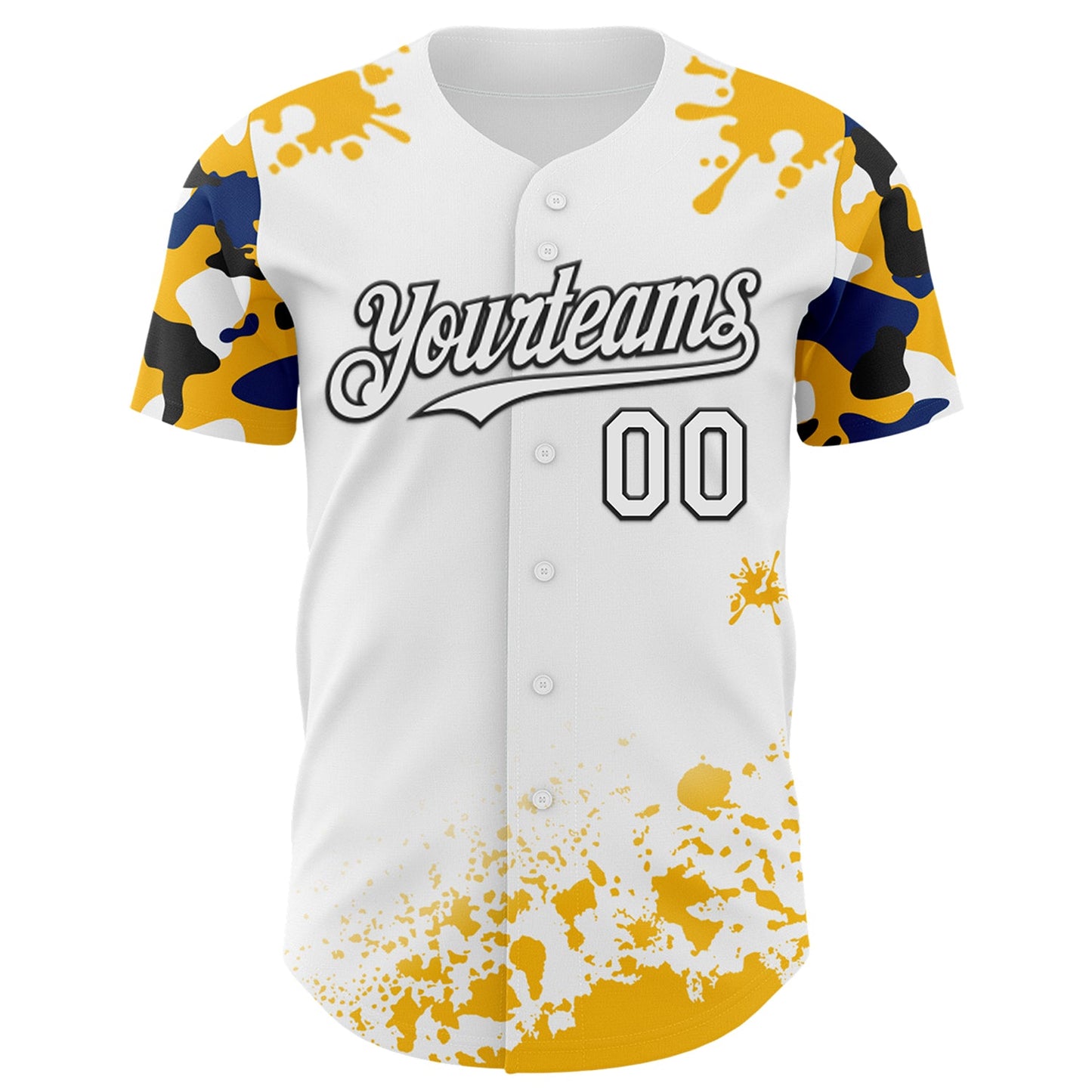 Custom White Black Gold-Blue Splatter Camo Two Tone Authentic Baseball Jersey view 2