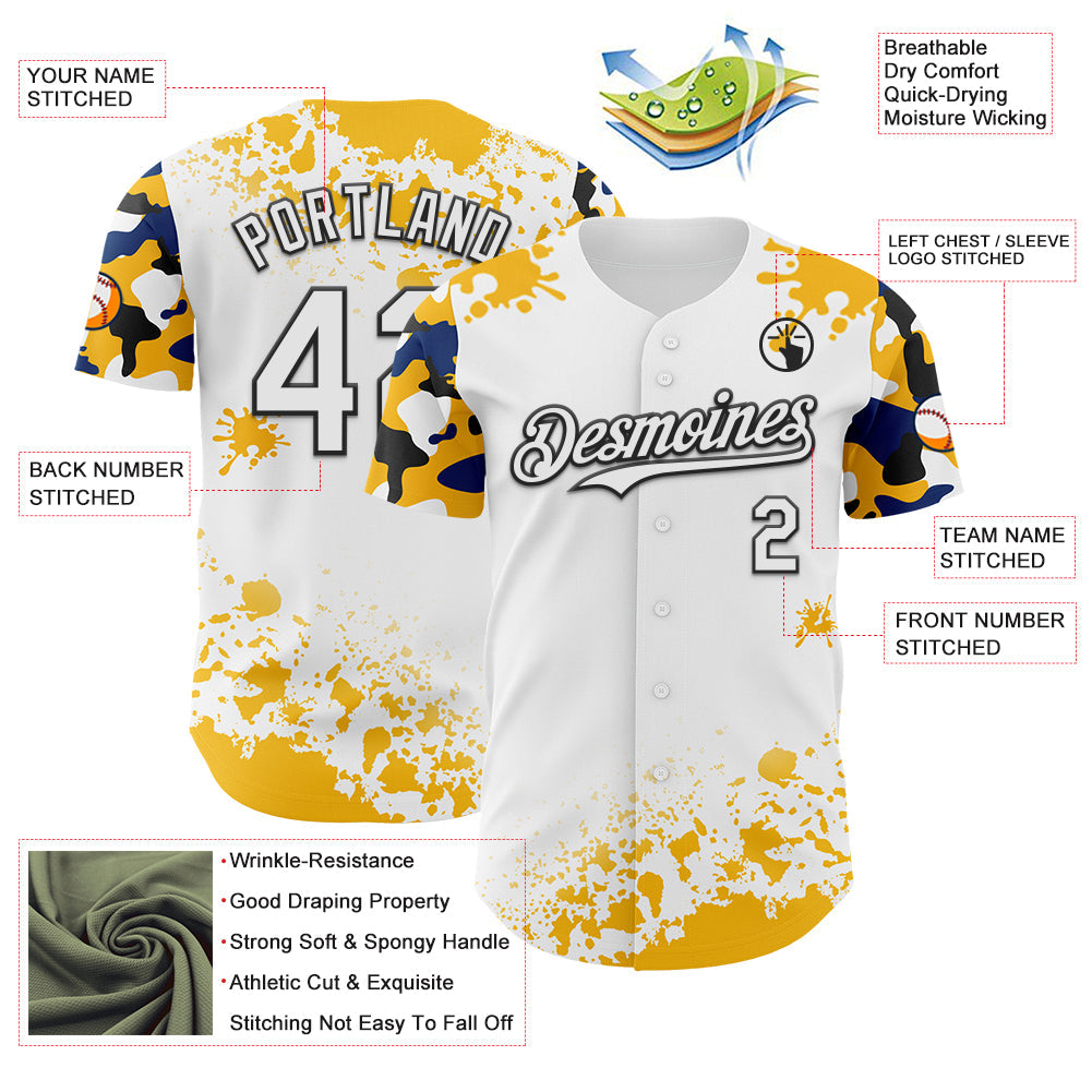 Custom White Black Gold-Blue Splatter Camo Two Tone Authentic Baseball Jersey view 3