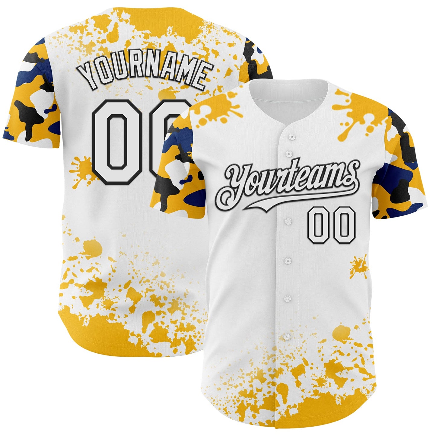 Custom White Black Gold-Blue Splatter Camo Two Tone Authentic Baseball Jersey - Main View