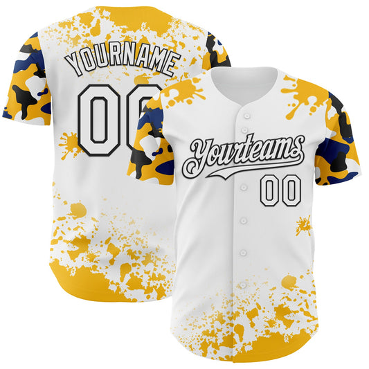 Custom White Black Gold-Blue Splatter Camo Two Tone Authentic Baseball Jersey - Main View