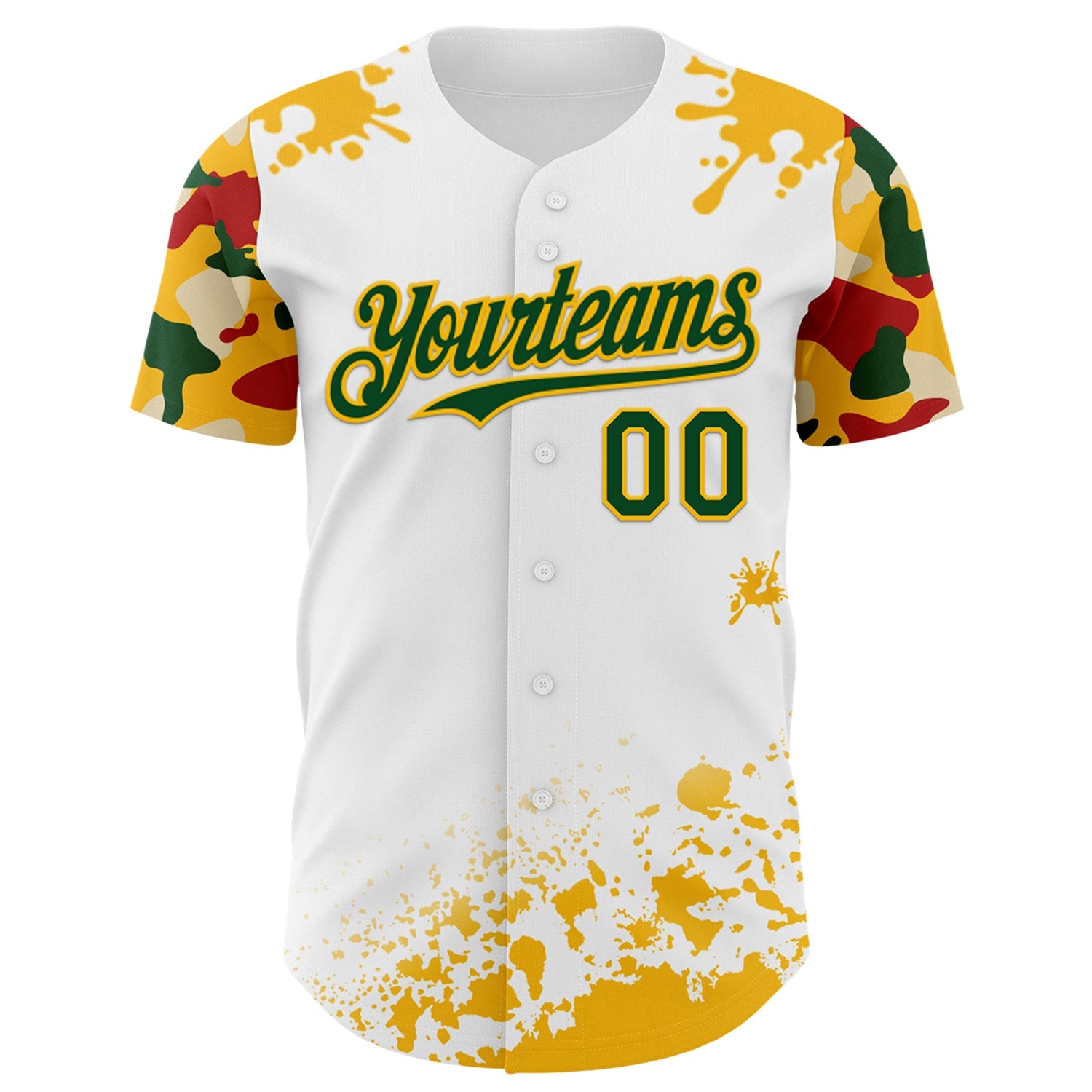 Custom White Green Gold-Red Splatter Camo Two Tone Authentic Baseball Jersey view 2
