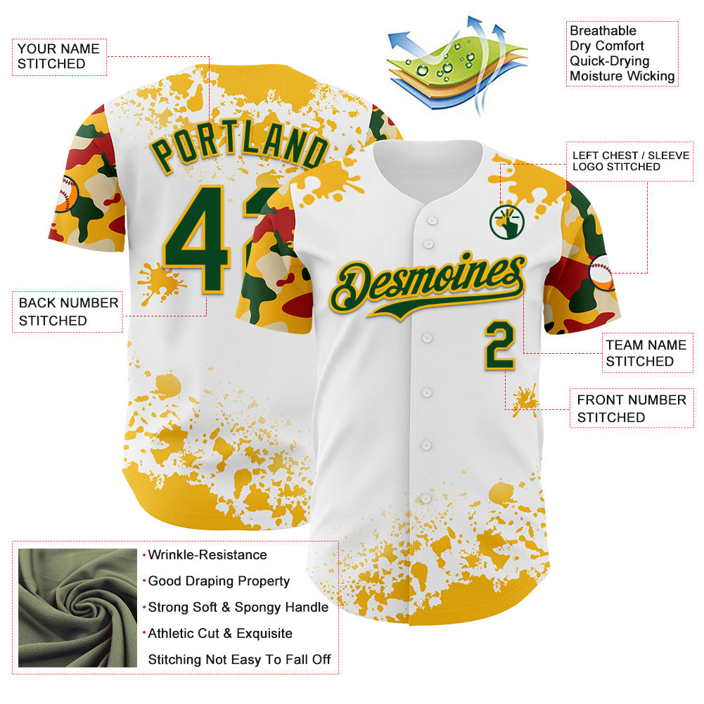 Custom White Green Gold-Red Splatter Camo Two Tone Authentic Baseball Jersey view 3