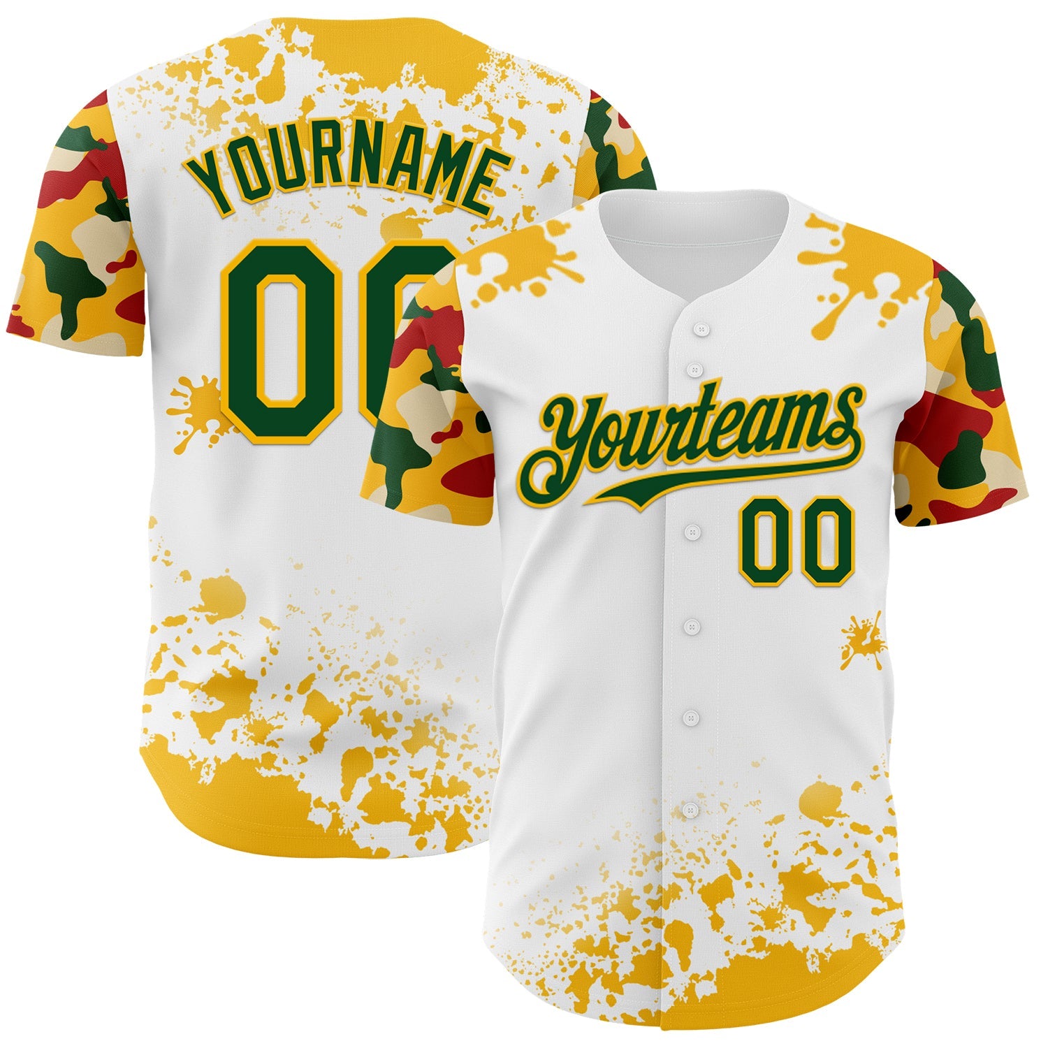 Custom White Green Gold-Red Splatter Camo Two Tone Authentic Baseball Jersey - Main View