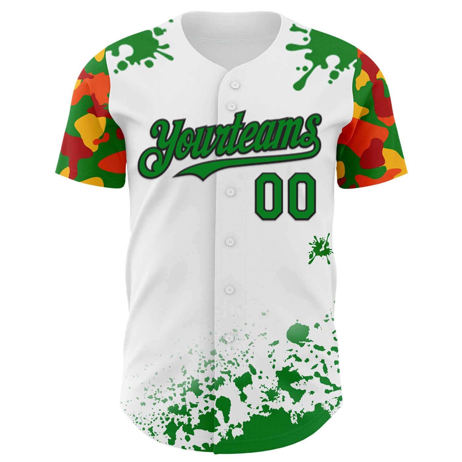 Custom White Grass Green Black Red-Yellow Splatter Camo Two Tone Authentic Baseball Jersey view 2