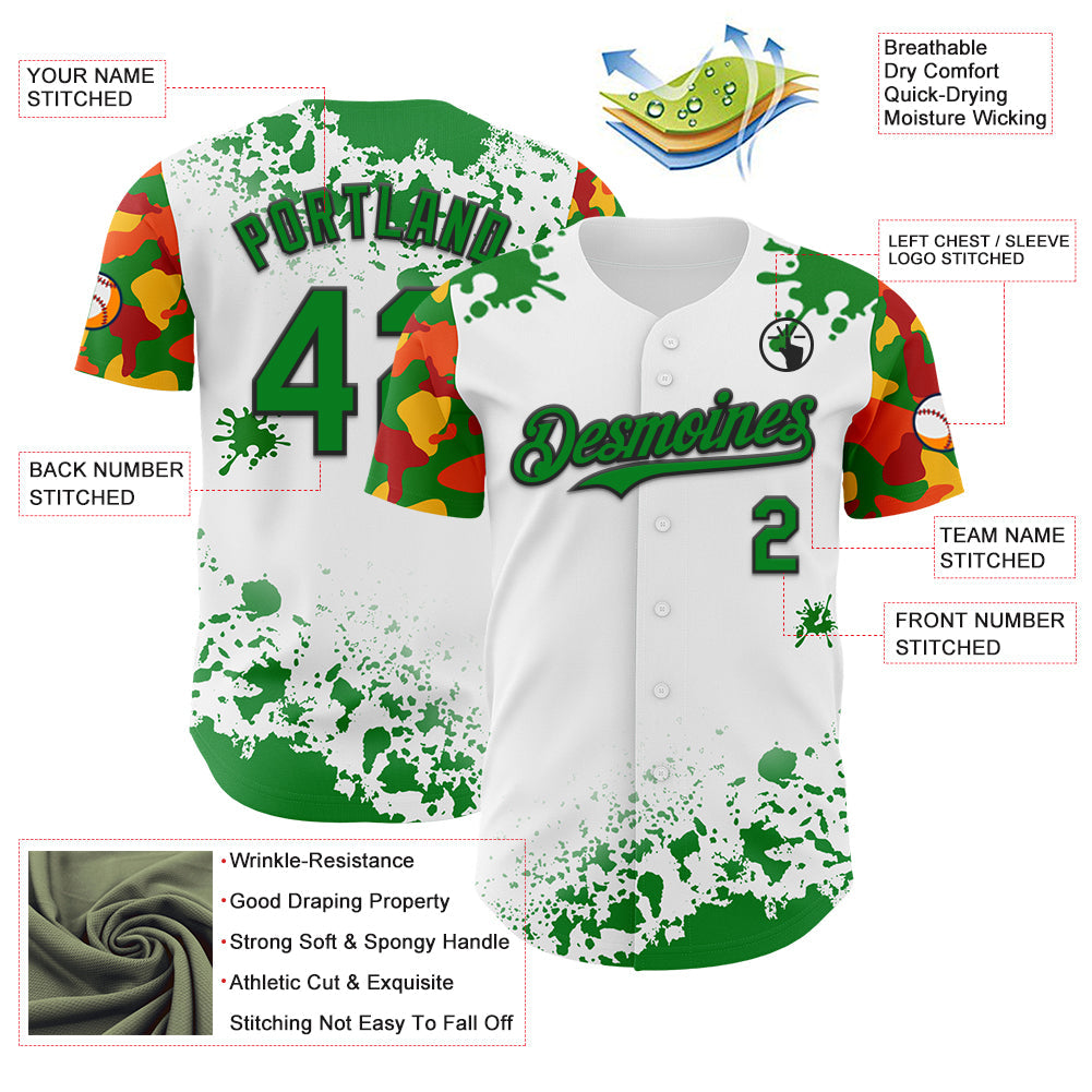 Custom White Grass Green Black Red-Yellow Splatter Camo Two Tone Authentic Baseball Jersey view 3