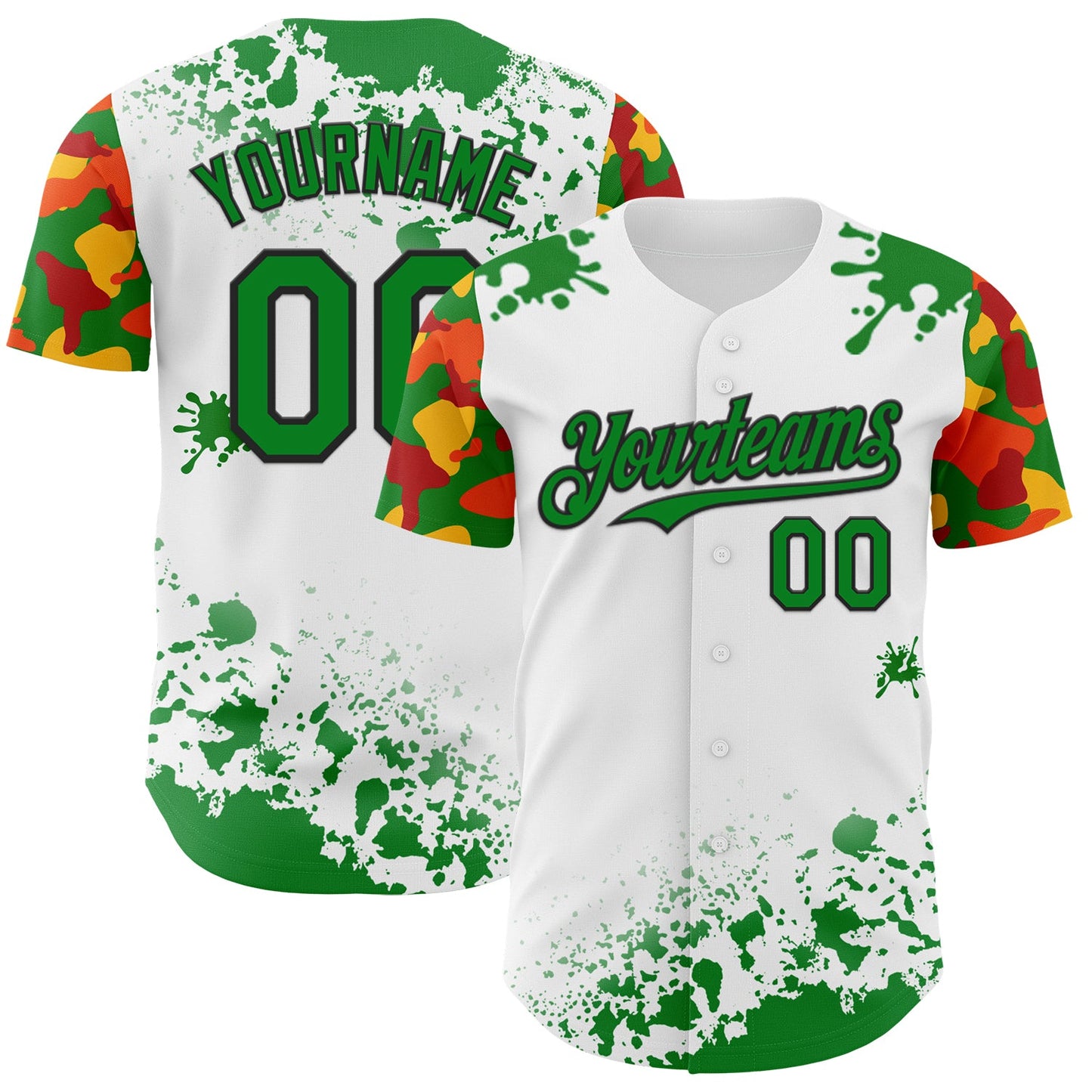 Custom White Grass Green Black Red-Yellow Splatter Camo Two Tone Authentic Baseball Jersey - Main View