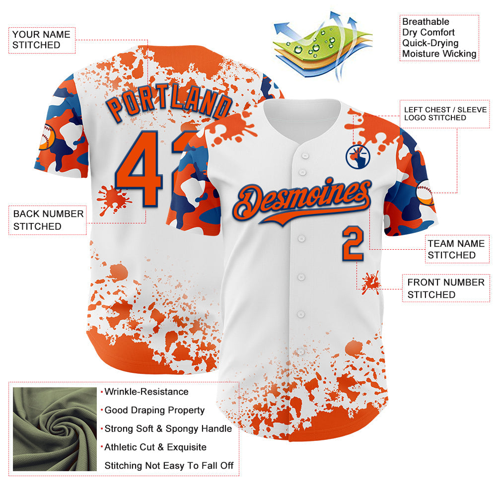 Custom White Orange-US Navy Blue Splatter Camo Two Tone Authentic Baseball Jersey view 3