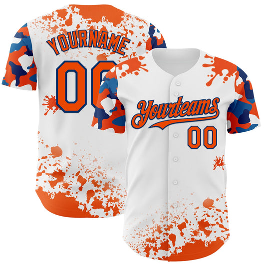 Custom White Orange-US Navy Blue Splatter Camo Two Tone Authentic Baseball Jersey - Main View