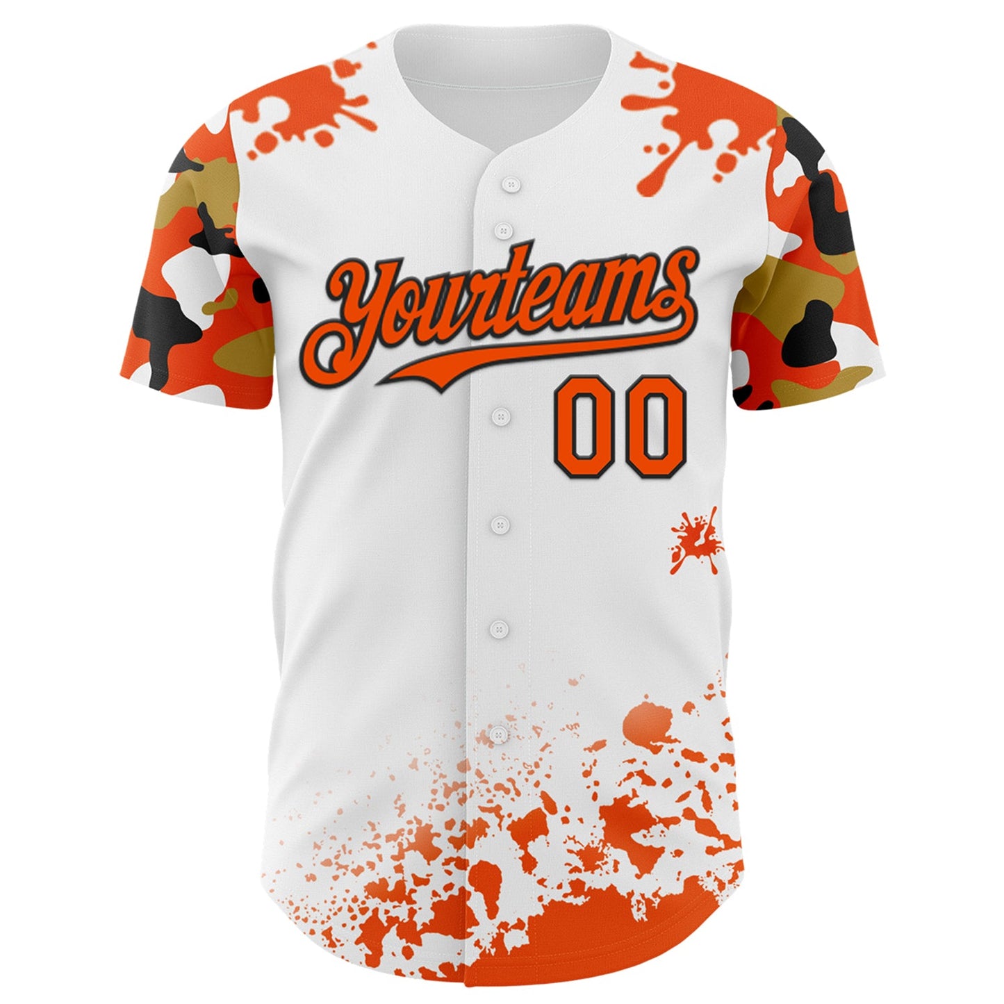 Custom White Orange Black-Old Gold Splatter Camo Two Tone Authentic Baseball Jersey view 2