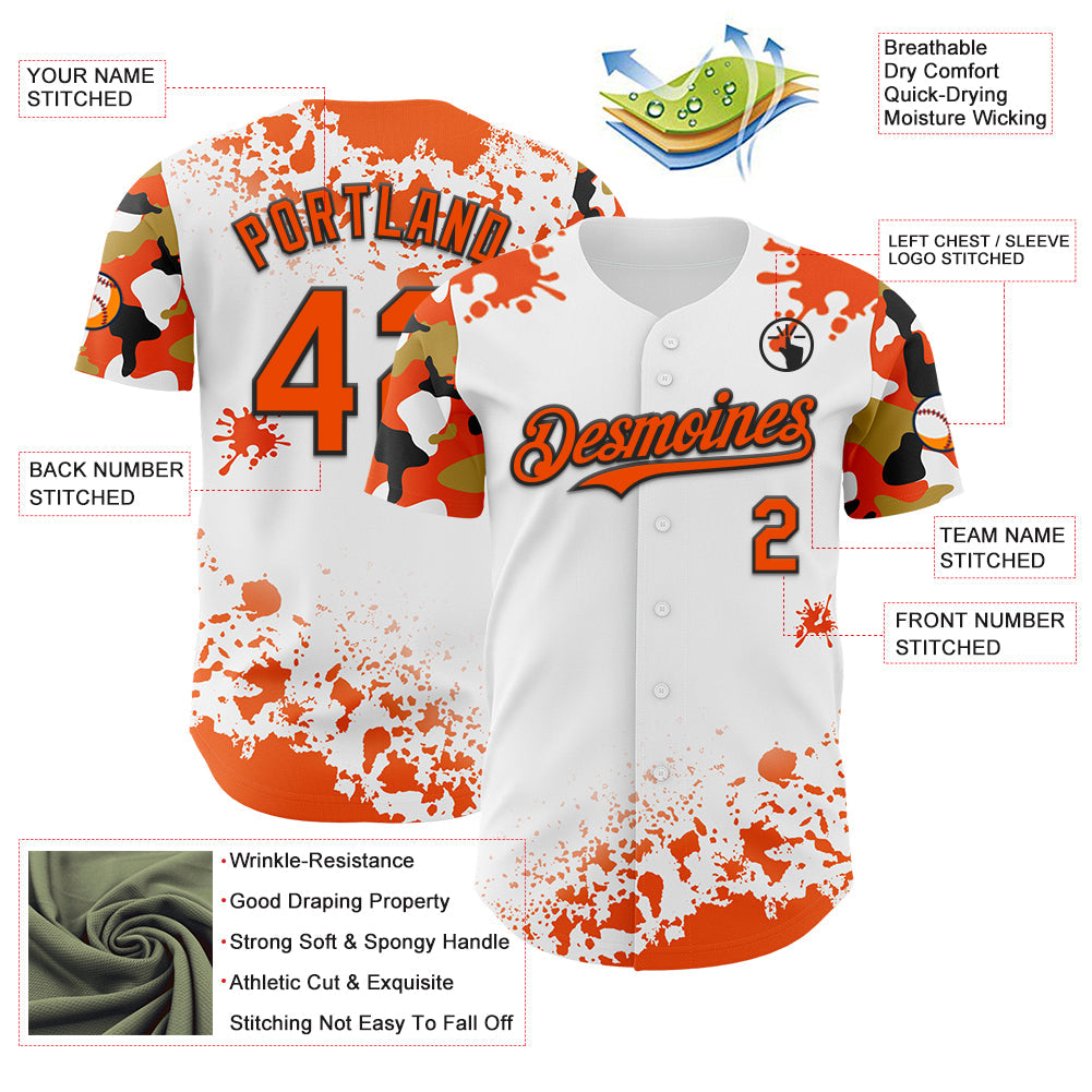 Custom White Orange Black-Old Gold Splatter Camo Two Tone Authentic Baseball Jersey view 3